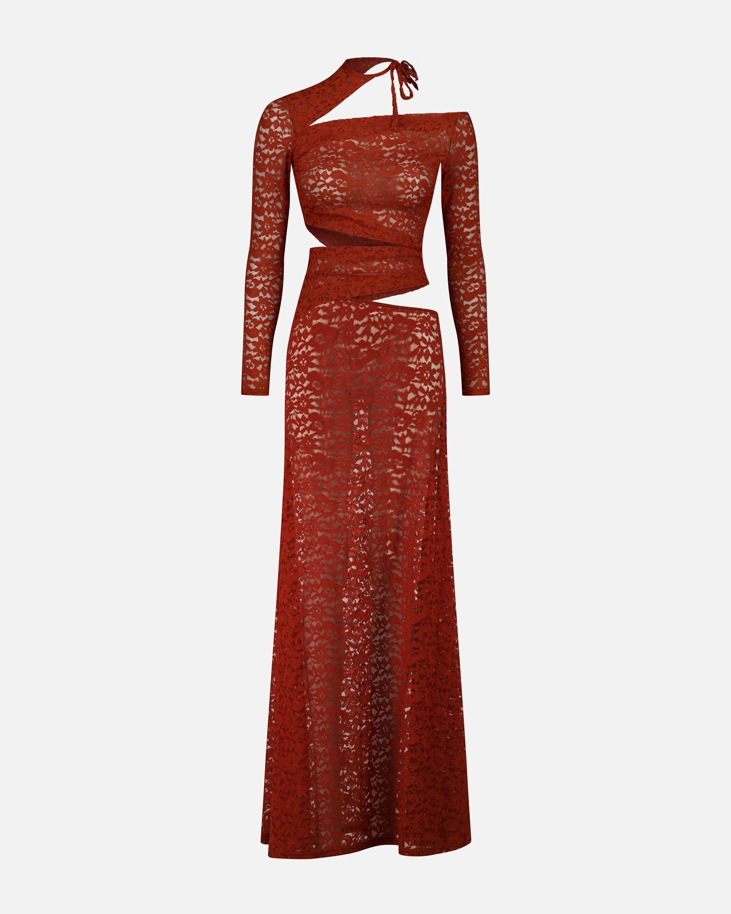 ROBE LONGUE EN DENTELLE À DÉCOUPES ASYMÉTRIQUES