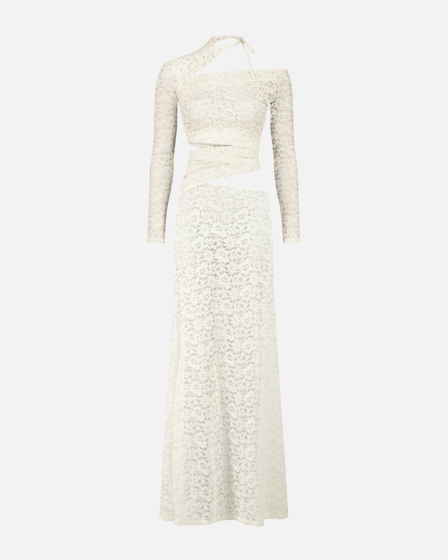 ROBE LONGUE EN DENTELLE À DÉCOUPES ASYMÉTRIQUES