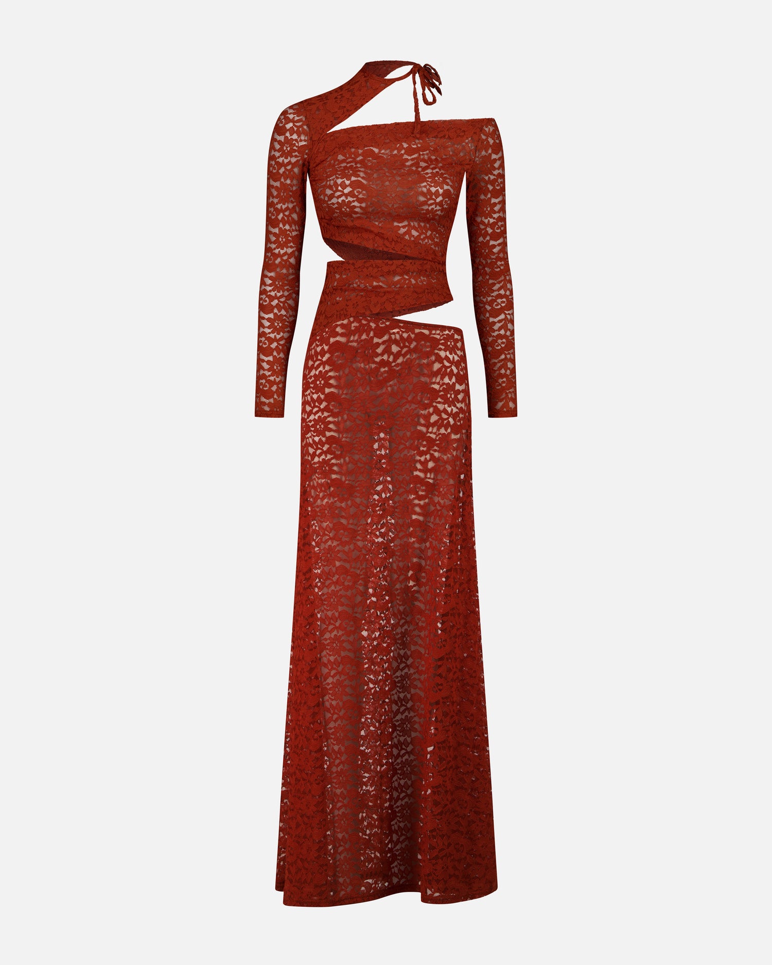 ROBE LONGUE EN DENTELLE À DÉCOUPES ASYMÉTRIQUES